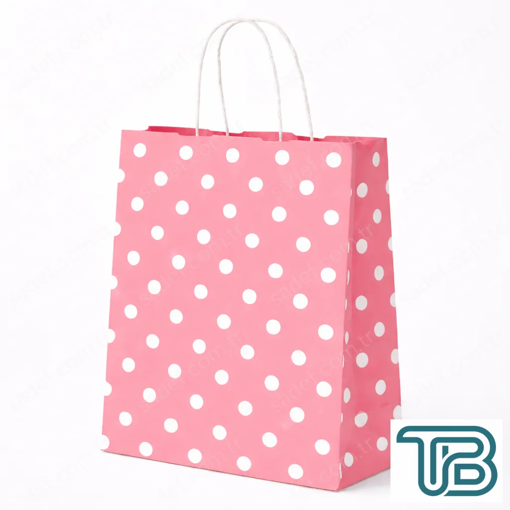 PEMBE PUANTİYELİ BÜKÜM SAPLI - BÜYÜK BOY KAĞIT ÇANTA 32X41 CM 250 ADET