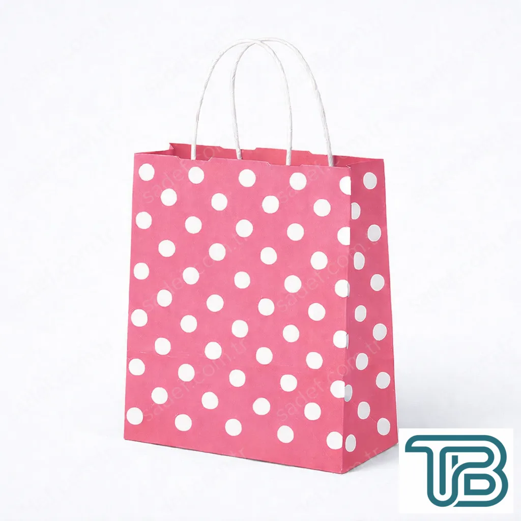 PEMBE PUANTİYELİ BÜKÜM SAPLI - KÜÇÜK BOY KAĞIT ÇANTA 18X23 CM 100 ADET