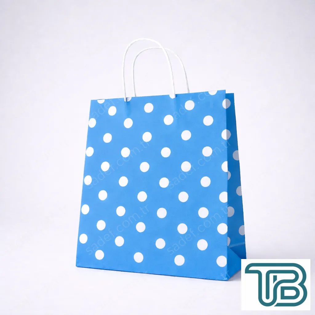 MAVİ PUANTİYELİ BÜKÜM SAPLI - ORTA BOY KAĞIT ÇANTA 25X31 CM 250 ADET