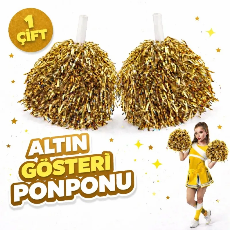 1 Çift Altın Renk Okul Gösteri Ponponları Ekstra Dolgun