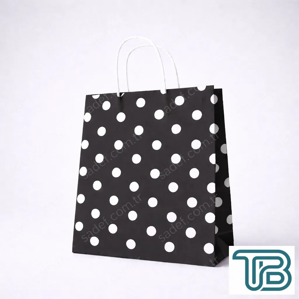 SİYAH PUANTİYELİ BÜKÜM SAPLI - ORTA BOY KAĞIT ÇANTA 25X31 CM 100 ADET