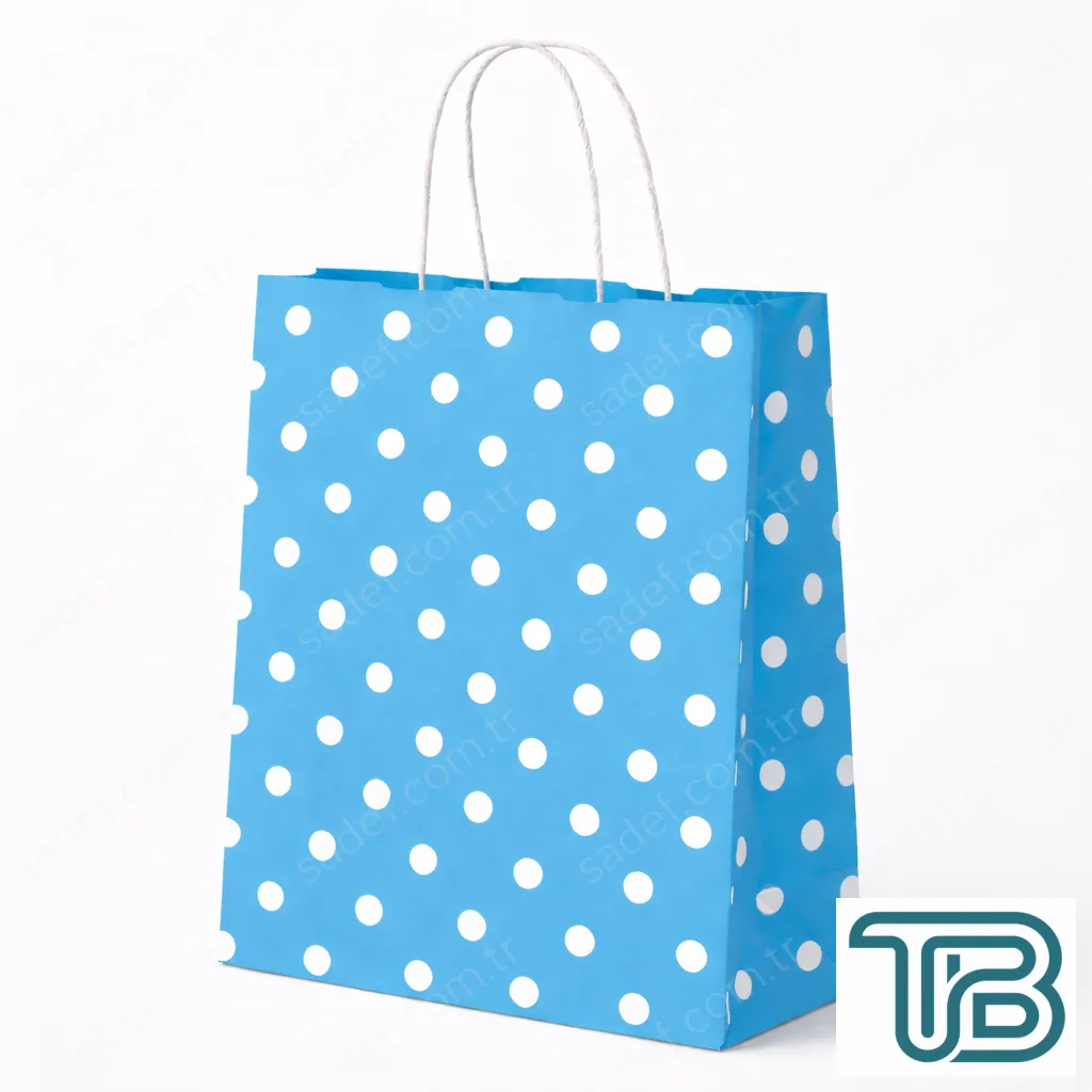 MAVİ PUANTİYELİ BÜKÜM SAPLI - BÜYÜK BOY KAĞIT ÇANTA 32X41 CM 250 ADET