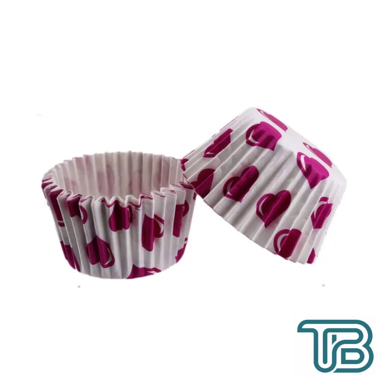 Cupcake Kalıbı Pet Kapsül Kek Kalıbı 48X34 MM (100 Adet) Beyaza Fuşya Kalpli - Eminönü ToptanS | Ticaretin Kalbinden